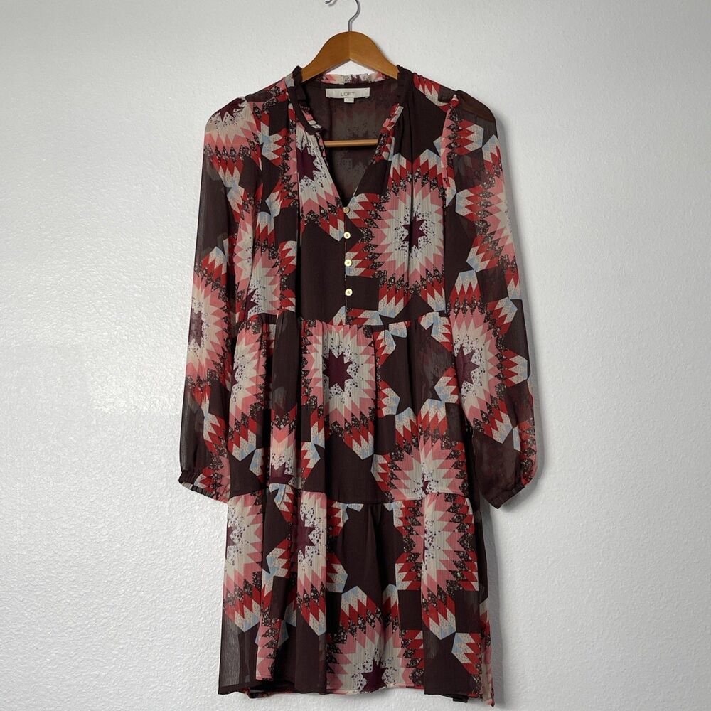 LOFT Patchwork Star Print Babydoll Mini Dress Brown Red Chiffon Boho Size